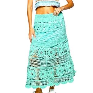 POL Turquoise Crochet Midi Skirt
